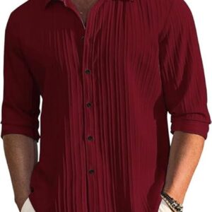DEELMO Men's Casual Button Down Shirts Long Sleeve Linen Shirt Fashion Textured Beach Summer Shirt